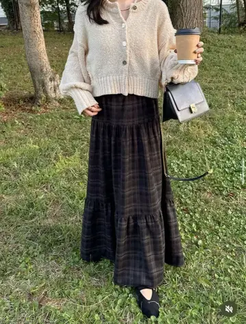 hinari 셔링 캉캉 스커트 체크 무늬 XS