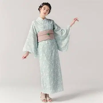 스카이블루 꽃무늬 유카타 오비 세트