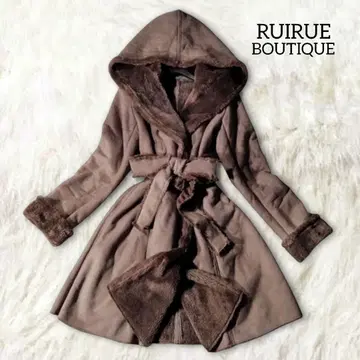 루일 에 부티크 무스탕 코트 아우터 S 브라운 후드 벨트 보아