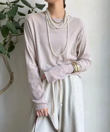 미사용 새상품 DOUDOU 도두 소매 시어 리브 TEE 라이트 베이지