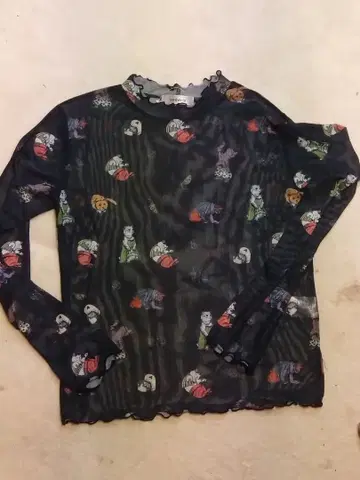 고양이 무늬 시스루 긴팔 상의