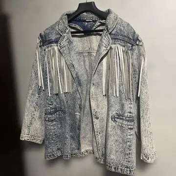 빈티지 구제 의류 80's 가죽 프린지 데님 자켓 케미컬 워시