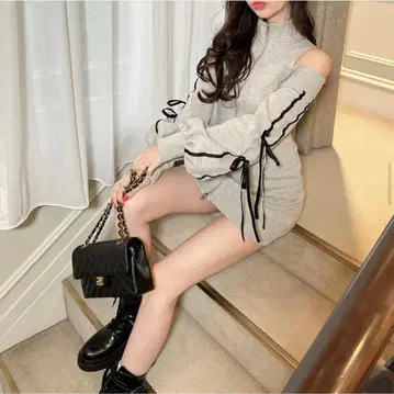 ARribbon 오프숄더 스웨트 원피스 그레이