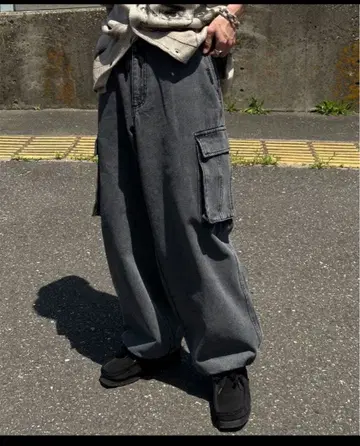 perushu 와이드 카고 데님 남성용 블랙 M 사이즈