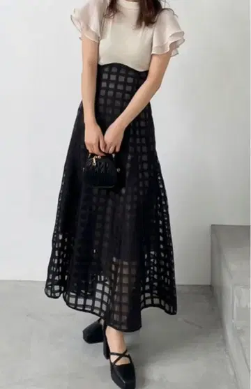 프릴 소매 체크 무늬 롱 원피스