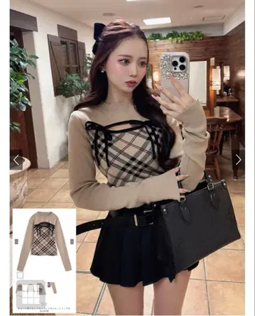 GRL 그레일 체크 무늬 프론트 오픈 리본 니트탑