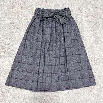 GLACIER 미디 스커트 ( L ) 그레이 체크 리본 허리밴딩 고급