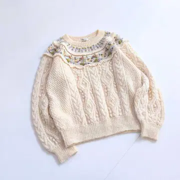 꽃 자수 케이블 짜임 니트 빈티지 핸드니트 C4