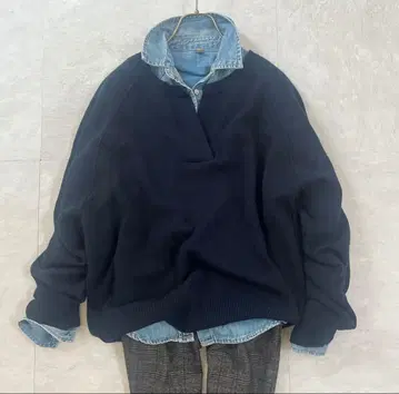 새상품급 FRAMeWORK 미들 게이지 텐지쿠 헨리 풀오버 네이비