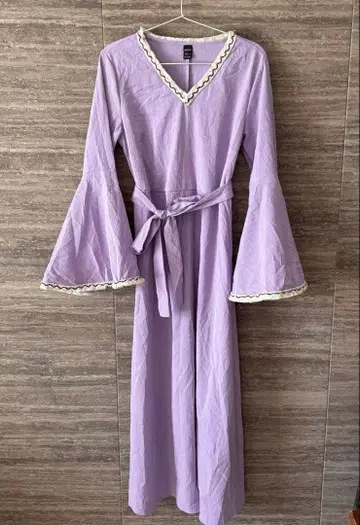 라벤더 긴팔 원피스 플레어 보헤미안 연보라 허리 리본 롱