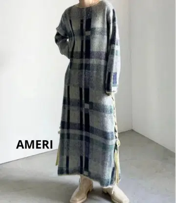 AMERI BIG CHECK LACE UP KNIT DRESS