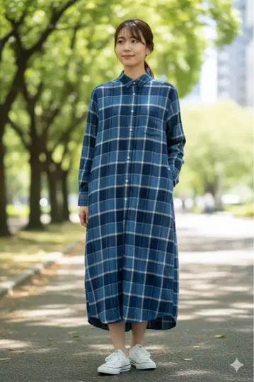 저널 스탠다드 체크 플란넬 셔츠 원피스 블루 긴팔 코튼