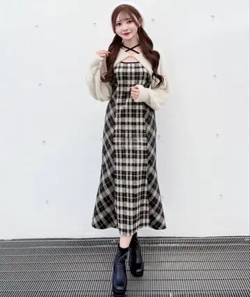 NOMAE 샤기 볼레로 롱 체크 원피스