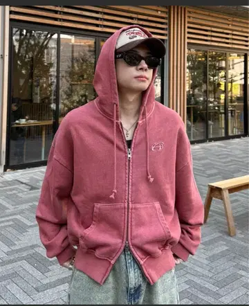 ADAMASTE 더블 지퍼 후드티 빨간색