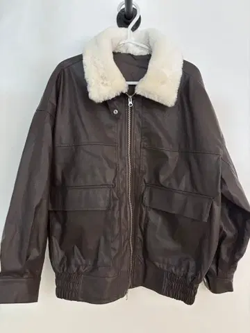 WEGO 다크 브라운 페이크 레더 자켓 퍼 카라 부착