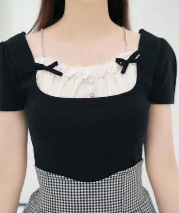 미셸 마카롱 레이스 리본 상의 프리 사이즈