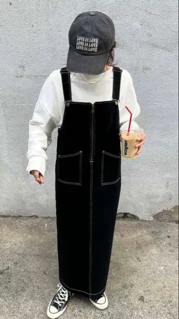 ISOOK 하프 지퍼 롱 오버롤 스커트