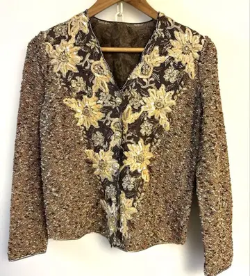 빈티지 자수 비쥬 자켓 트위드풍 개성파 아트 플라워