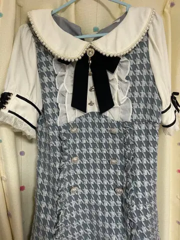 LIZLISA 하운드투스 체크 자카드 원피스 블루