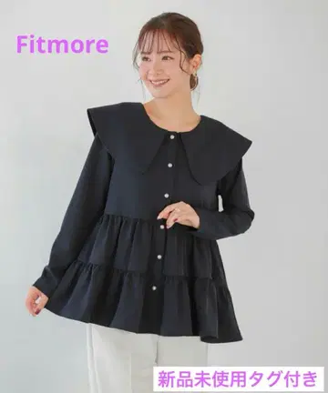 [ 미사용 새상품 ] Fitmore 백리본 칼라 펄 버튼 페플럼 블라우스