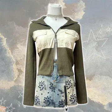 가격 인하 y2k 헤이세이 갸루 그런지 숏 기장 카키 니트 가디건