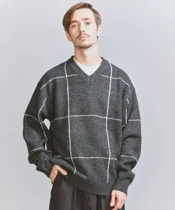 헤어리 윈도우페인 V넥 니트