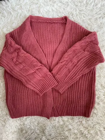 핑크 케이블 짜임 니트 가디건