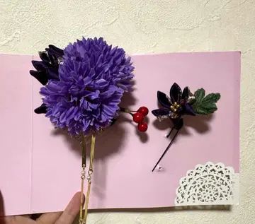 성인식 머리 장식 모란 보라색