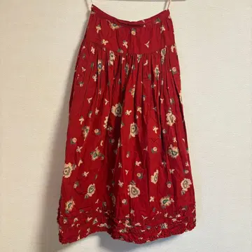 핑크하우스 빨간색 꽃무늬 롱 스커트 프릴