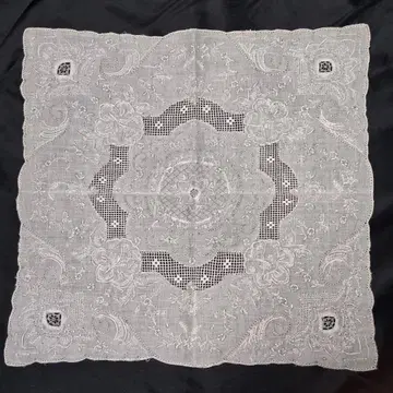 수이 자수 스와토우 화이트 레이스 무늬 손수건 빈티지