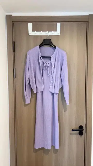 라벤더 긴팔 니트 원피스 가디건 세트