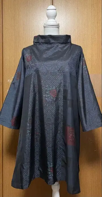 기모노 리메이크 오시마 패치워크 A라인 튜닉 원피스 롤 칼라