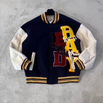 바시티 자켓 스태디움 자켓 자수 디자인 버쉬카 네이비 x 빨간색 x 노랑