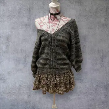 헤이세이 갸루 y2k 라메 니트 V넥 오픈 숄더 그런지 다크코어