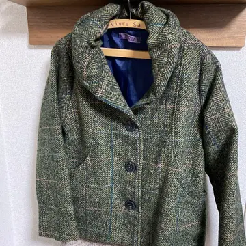 울 혼방 그린 계열 체크 코트 FREE 사이즈