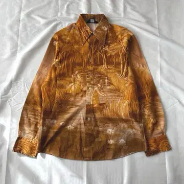 Cheise Et Cie 빈티지 셔츠 브라운 올 패턴 실크 90s