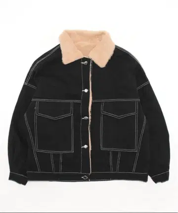 블랙 데님 자켓 인조 모피 카라 부착