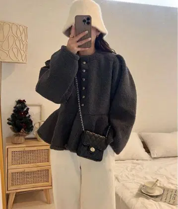 미사용 여성용 프리 사이즈 다크 그레이 플리스 페플럼 자켓