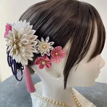 화이트 보라색 핑크 머리 장식 후리소데 머리 장식