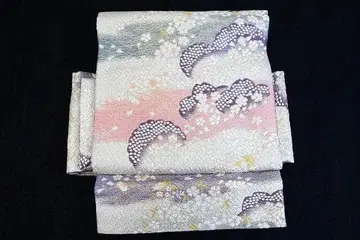 품 나고야 오비 경장 오비 실버 화이트 눈꽃 무늬 벚꽃 금실 은실 캐주얼