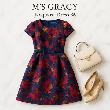 택 포함 새상품 M'S GRACY 자카드 플라워 반팔 원피스 36