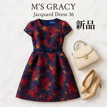 택 포함 새상품 M'S GRACY 자카드 플라워 반팔 원피스 36