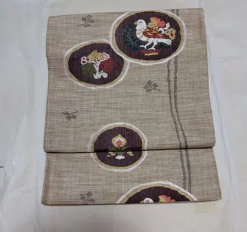 새상품 새와 꽃 자수 후쿠로 오비 베이지 계열