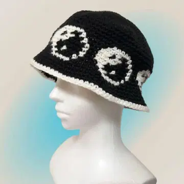 크러셔 모자 음양 패턴 블랙 손뜨개질