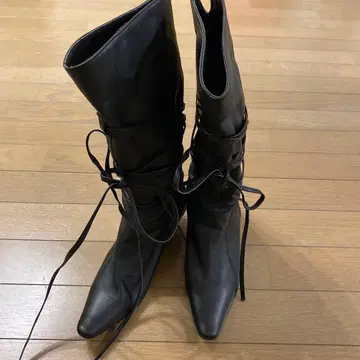 블랙 가죽 롱 부츠 중간 힐 드로우 스트링 포함