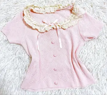 y2k 히메갸루 리즈리사풍 발레코어 레이스 장식 스톤 하트 반팔 니트