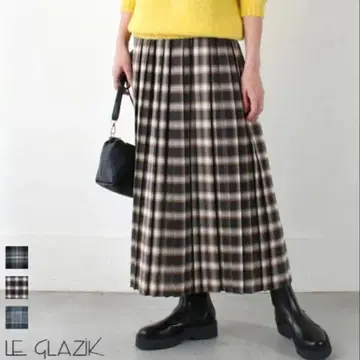 비샵 LE GLAZIK 울 체크 턱 개더 플리츠 스커트