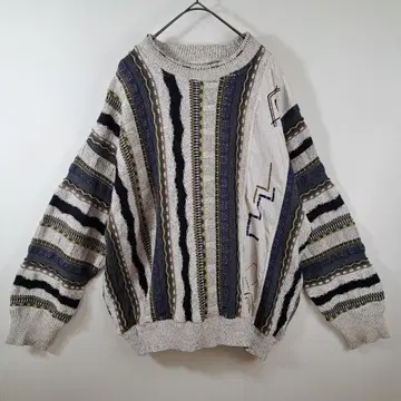 니트 스웨터 M 3D 입체 자수 스트라이프 절개 디자인 그레이 얇은 원단