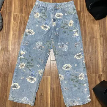 꽃무늬 블루 와이드 레그 청바지, 데님
