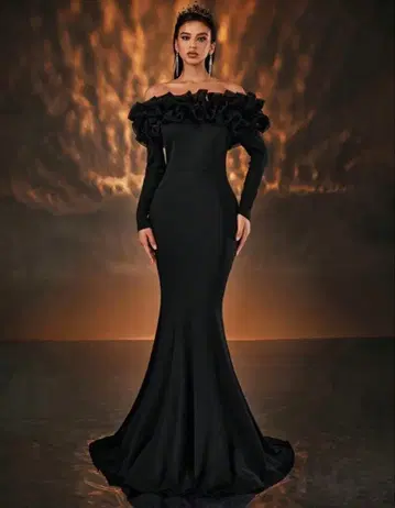 블랙 프릴 오프숄더 드레스